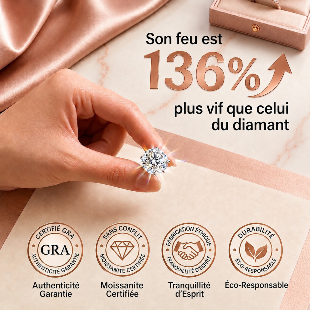 Moissanite certifiée GRA, au feu 136 % plus vif que celui du diamant