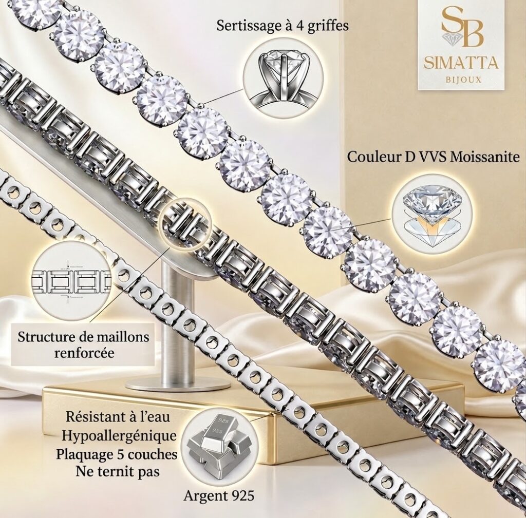 Détails du bracelet French Riviera : serti 4 griffes, moissanites D-VVS, maillons renforcés, argent 925 plaqué 5 couches