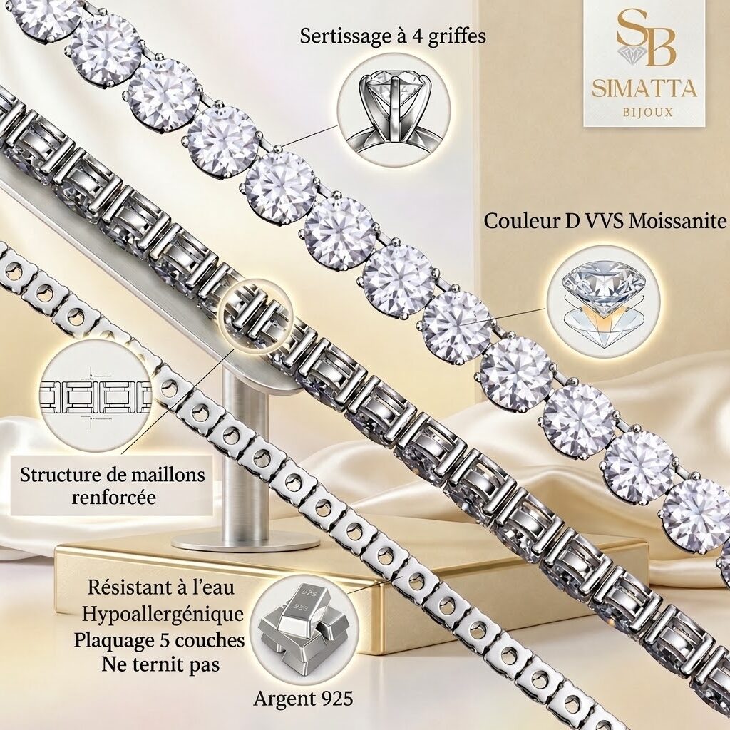 Détails du bracelet French Riviera : serti 4 griffes, moissanites D-VVS, maillons renforcés, argent 925 plaqué 5 couches