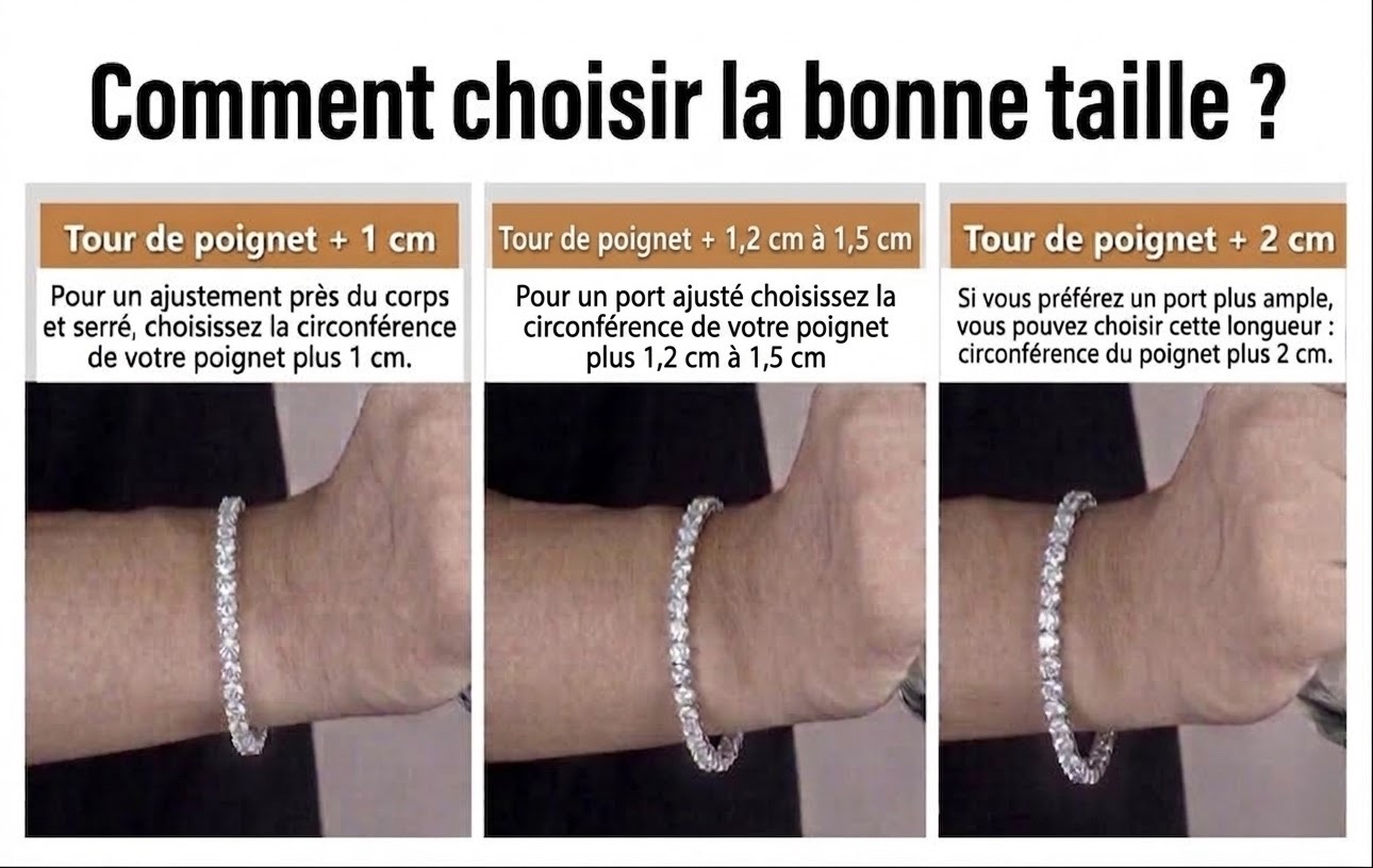 Comment choisir la bonne taille de bracelet tennis : tour de poignet plus 1 cm, 1,2 à 1,5 cm ou 2 cm selon le porté