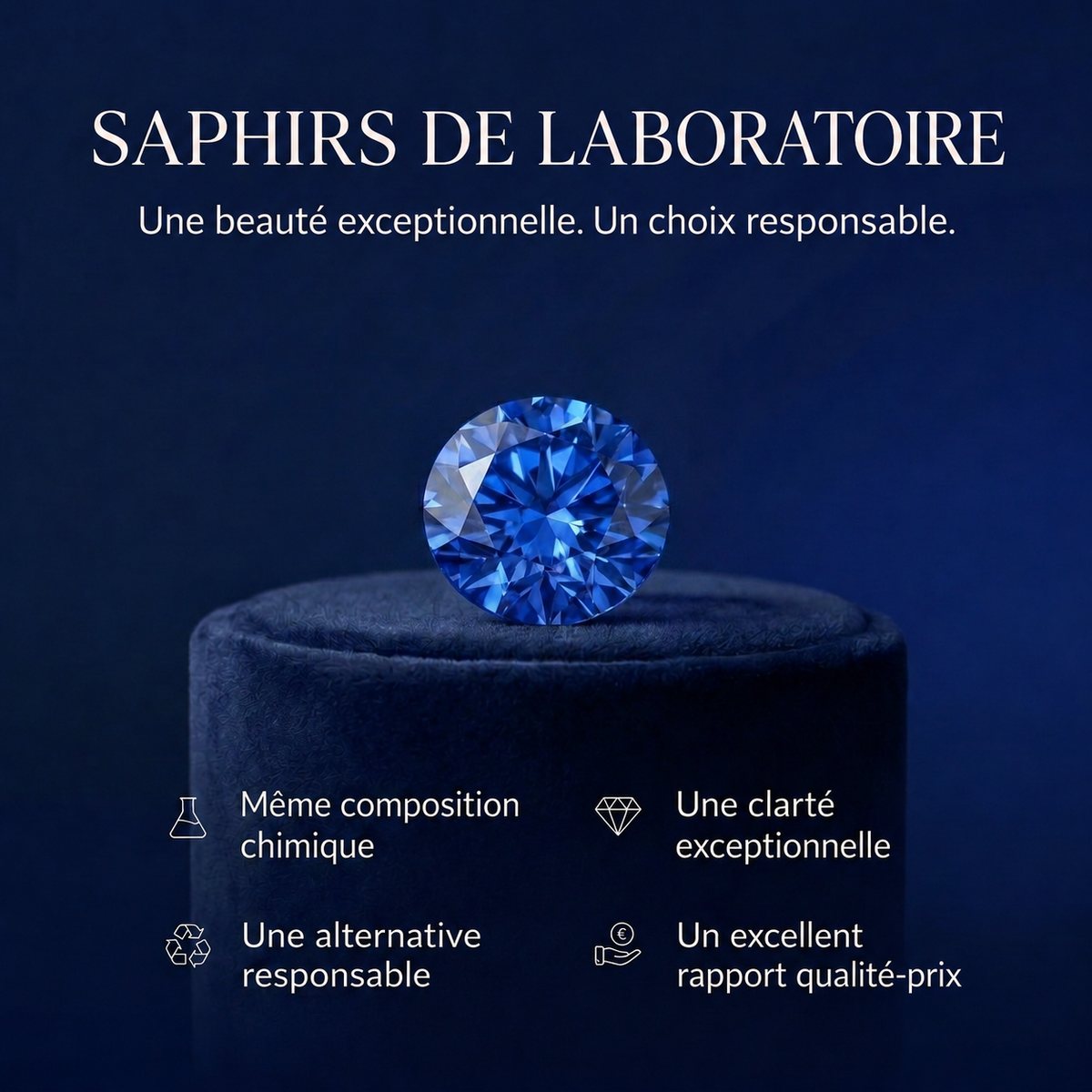 Saphirs de laboratoire : même composition chimique que le saphir naturel, clarté exceptionnelle, alternative responsable, excellent rapport qualité-prix